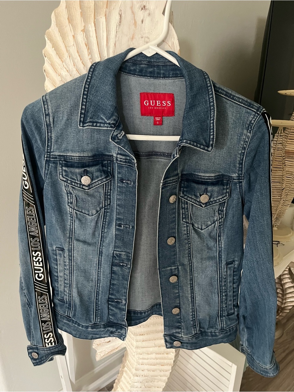 GUESS Denim Jacket with Branded Logo Sleeve